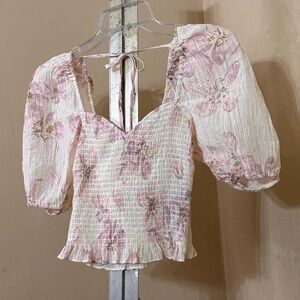 H&M Pink Floral Smocked Blouse Sz XS